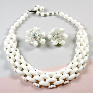Vintage Austria White Milk Glass Choker Necklace Aurora Borealis Earrings